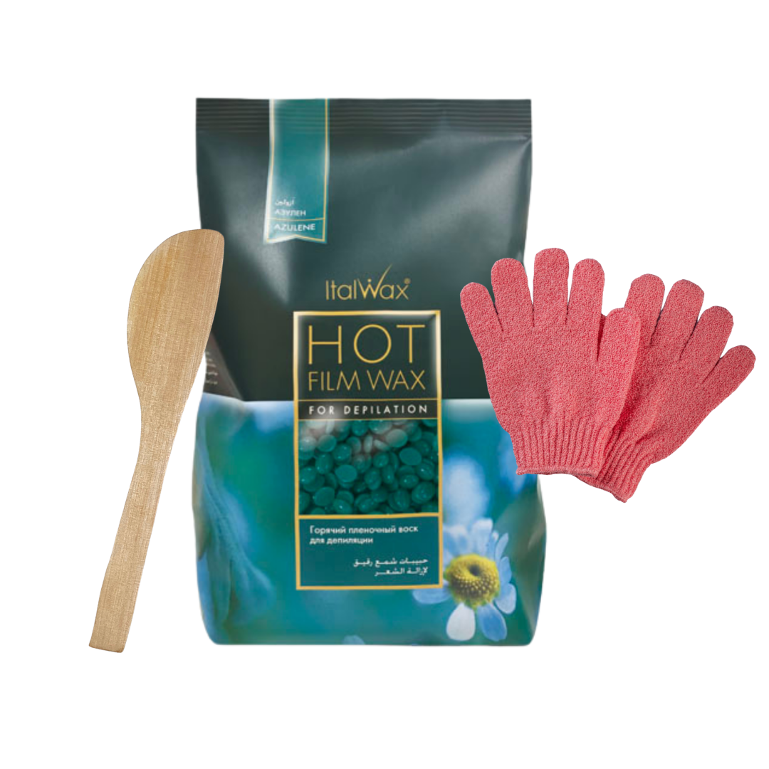 Set cuerpo completo: 1kg cera Azul + 1 paleta mediana + guantes exfoliantes - Florecer Cosmética