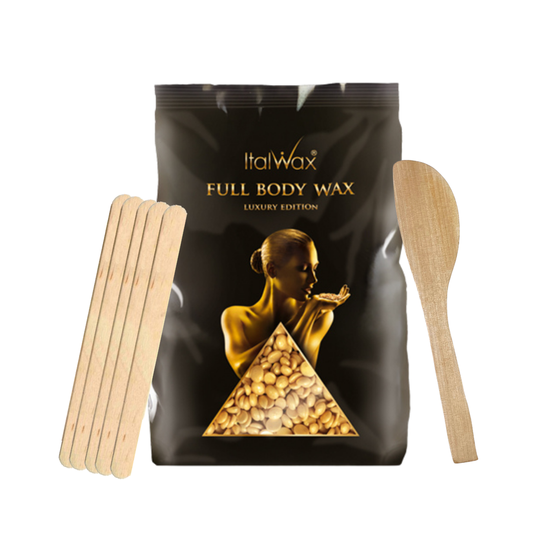 Set de lujo (hipoalergénico): 1kg cera oro + 5 aplicadores rostro + 1 paleta mediana - Florecer Cosmética