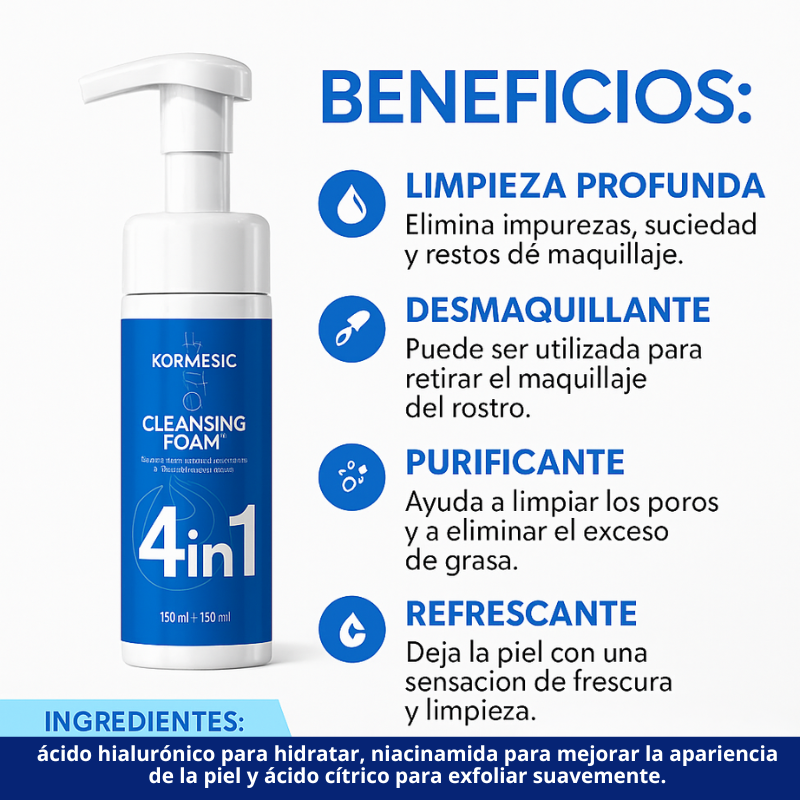 Espuma Limpiadora Facial 4 en 1 – Limpieza Profunda, Purificante e Hidratante Pre Depilación - Florecer Cosmética