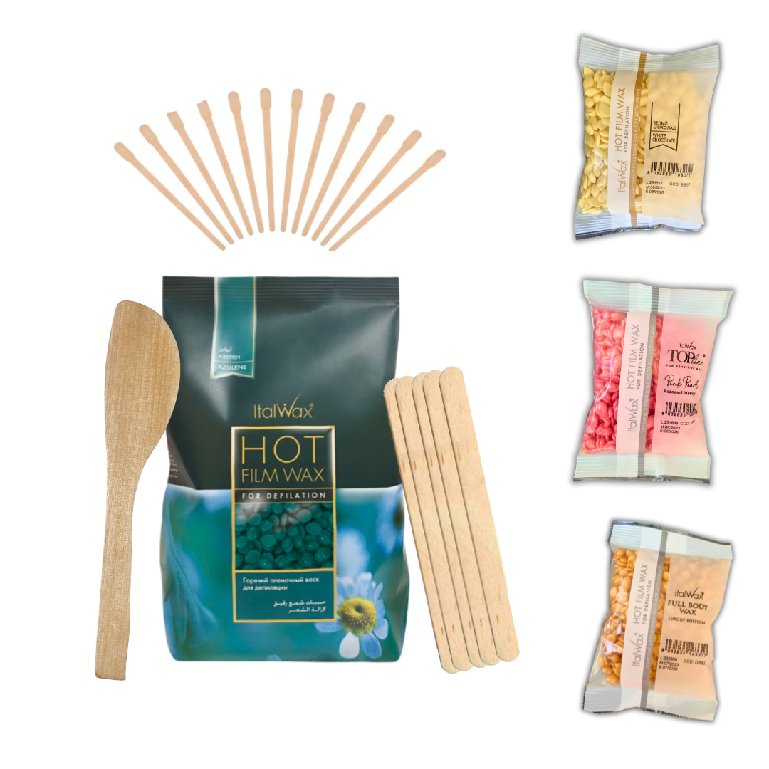 Set variedades: 1k cera azul + 100gr cera chocolate + 100gr cera oro + 100gr cera pink + 1 paleta mediana + 5 aplicadores rostro + 10 aplicadores cejas - Florecer Cosmética