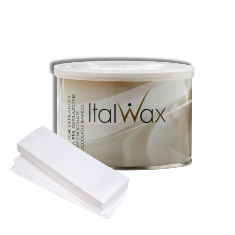 Pack Lata de Cera Chocolate Blanco 400 gr más 100u Bandas Estándar - Florecer Cosmética