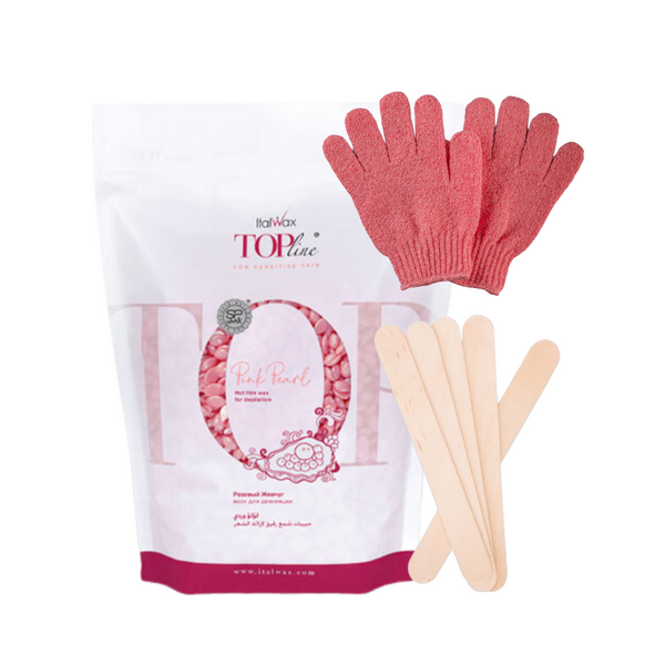 Set piel sensible: 750gr cera Pink + 5 aplicadores + guantes exfoliantes - Florecer Cosmética