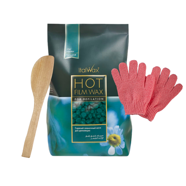 Set cuerpo completo: 1kg cera Azul + 1 paleta mediana + guantes exfoliantes - Florecer Cosmética