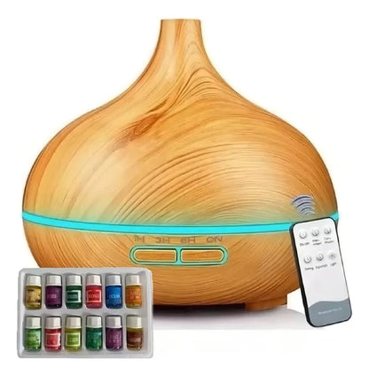 Pack Humidificador Ultrasónico Marin de Madera con Difusor de Aromas, 500 mL y 12 Esencias