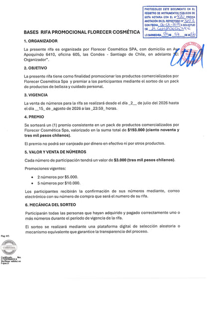Rifa Premium Florecer Cosmética | Ticket de Participación Premio Increible