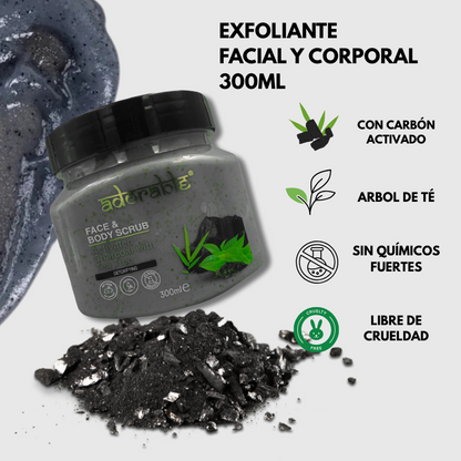 Exfoliante Facial y Corporal con Carbón Activado y Árbol de Té – Detox Natural (300 ml)