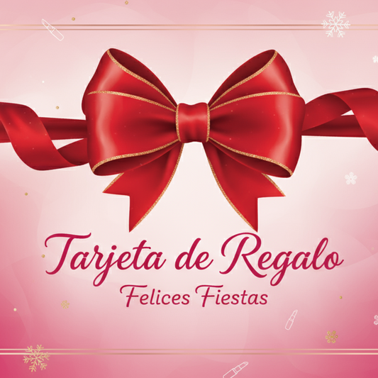 quiero una imagen formato horizontal que sea una gifcard navideña con colores rosa pastel y fucsia un moño tipo regalo navideño en color rojo y si agrega tipografia extra que sea en español que sea femenino y bonito 