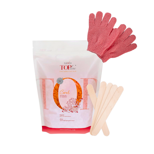 Set piel sensible: 750gr cera Coral + 5 aplicadores + guante exfoliantes